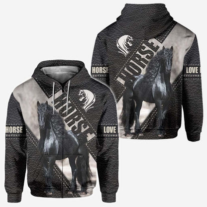 Riding Black Horse All Over T-shirt and Hoodie With Leather Print 0921