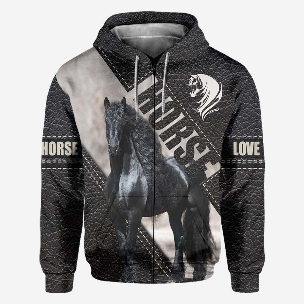 Riding Black Horse All Over T-shirt and Hoodie With Leather Print 0921