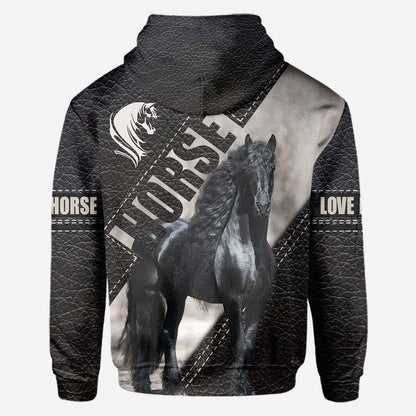 Riding Black Horse All Over T-shirt and Hoodie With Leather Print 0921