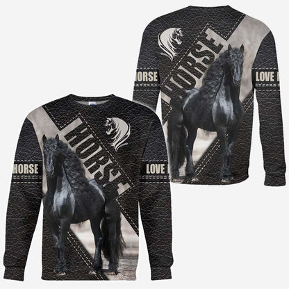 Riding Black Horse All Over T-shirt and Hoodie With Leather Print 0921