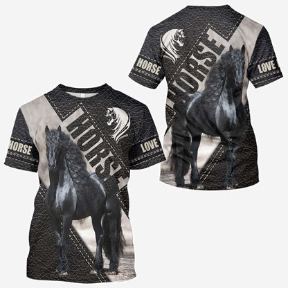 Riding Black Horse All Over T-shirt and Hoodie With Leather Print 0921