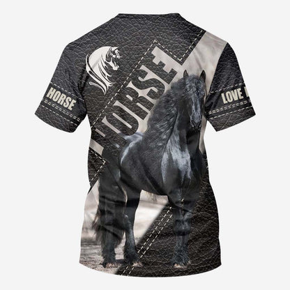 Riding Black Horse All Over T-shirt and Hoodie With Leather Print 0921