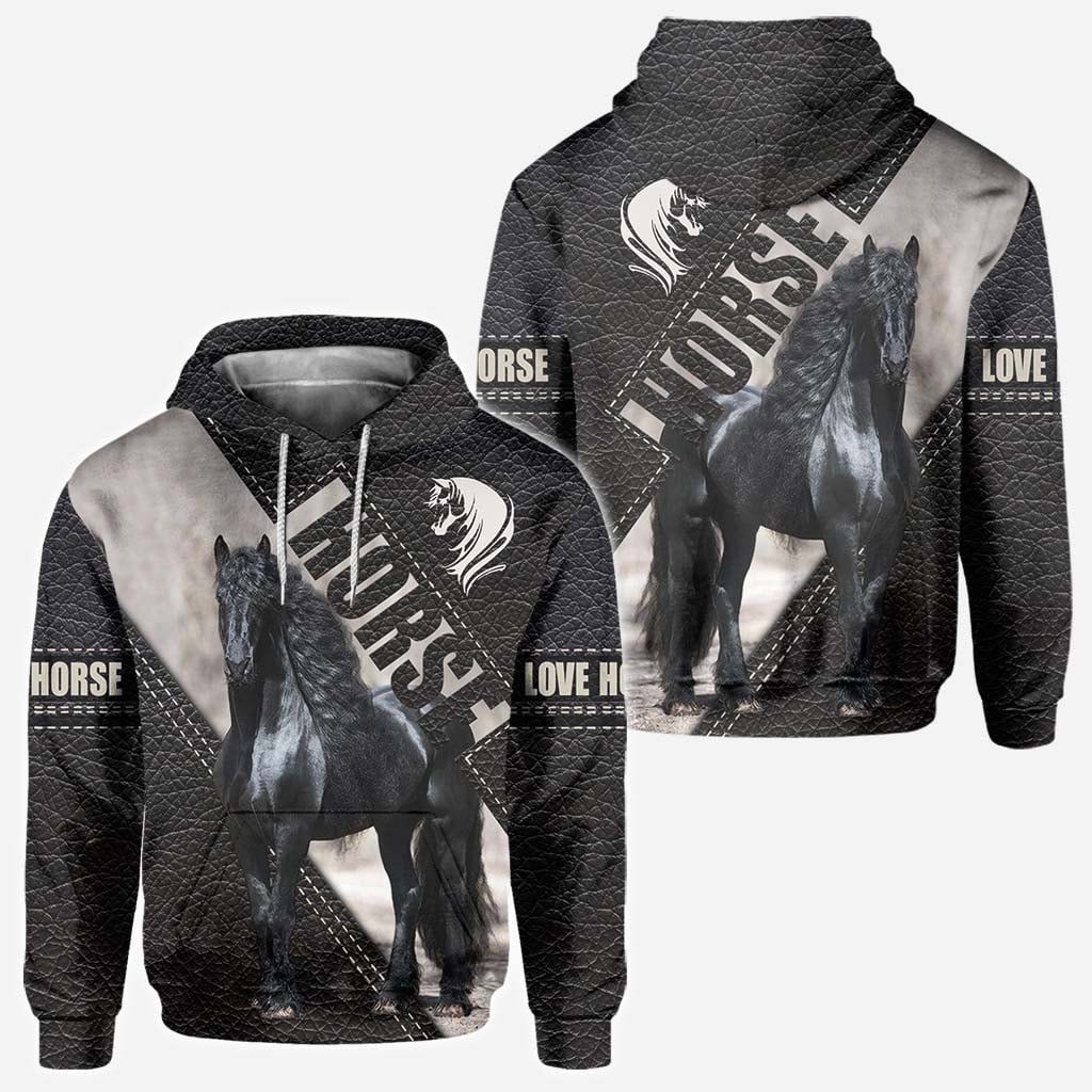 Riding Black Horse All Over T-shirt and Hoodie With Leather Print 0921