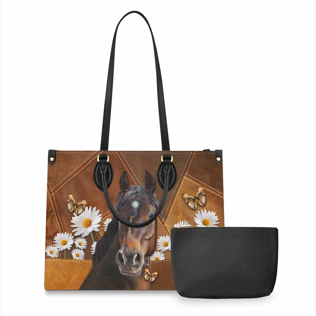 Horse With Daisies - Horse Riding Lover - Horse Owner Leather Handbag 0921