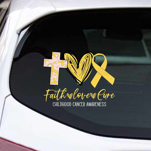 Faith Love Cure Cross Heart And Ribbon - Childhood Cancer Awareness Decal Full