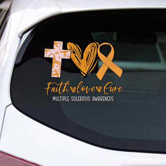 Faith Love Cure Cross Heart And Ribbon - Multiple Sclerosis Awareness Decal Full