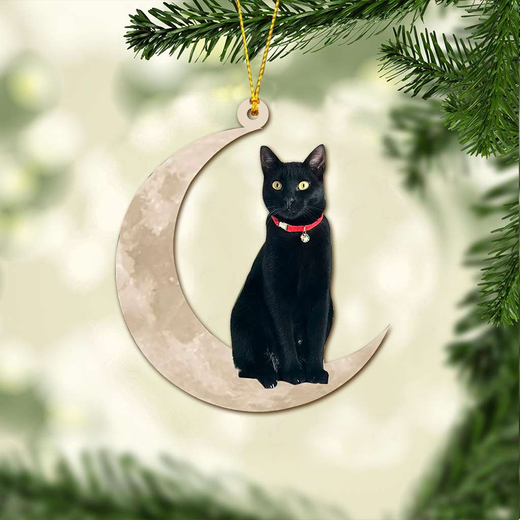 Black Cat Sits On The Moon - Cat Ornament (Printed On Both Sides) 1022