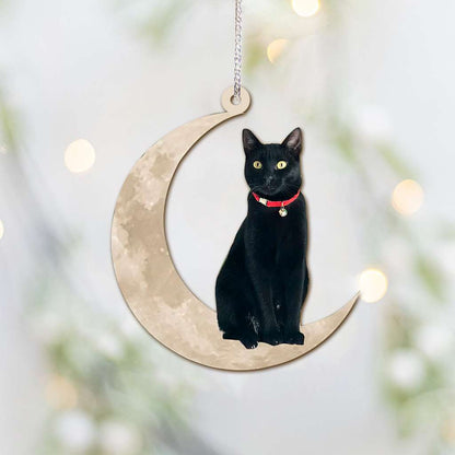 Black Cat Sits On The Moon - Cat Ornament (Printed On Both Sides) 1022