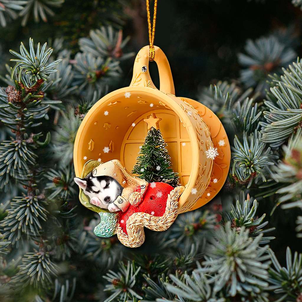 Husky Sibir Sleeping In A Tiny Cup - Dog Ornament (Printed On Both Sides) 1022