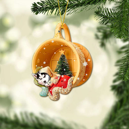 Husky Sibir Sleeping In A Tiny Cup - Dog Ornament (Printed On Both Sides) 1022