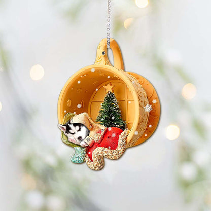 Husky Sibir Sleeping In A Tiny Cup - Dog Ornament (Printed On Both Sides) 1022