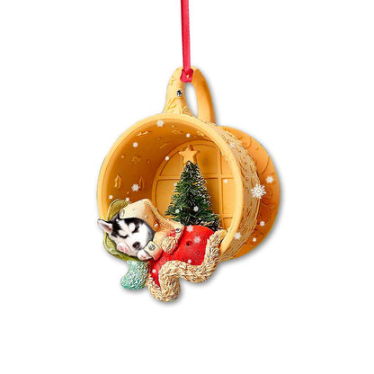 Husky Sibir Sleeping In A Tiny Cup - Dog Ornament (Printed On Both Sides) 1022