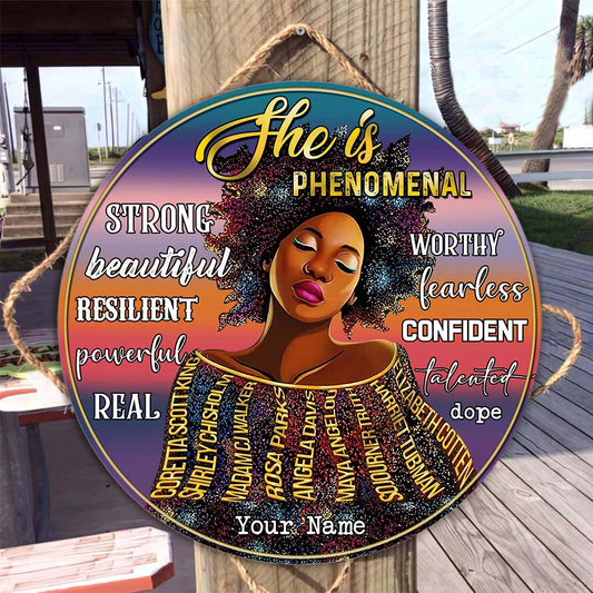She Is Phenomenal - Personalized African American Round Wood Sign