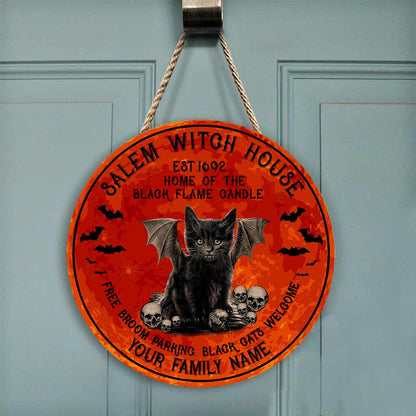 Salem Witch House - Black Cat Personalized Round Wood Sign