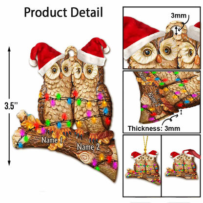 Owl Couple On Branch - Personalized Christmas Ornament (Printed On Both Sides)