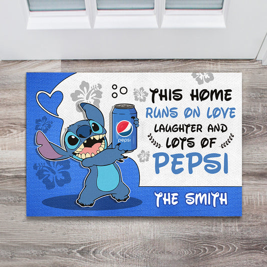 This Home Runs On Love - Personalized Blue Soft Drink Doormat