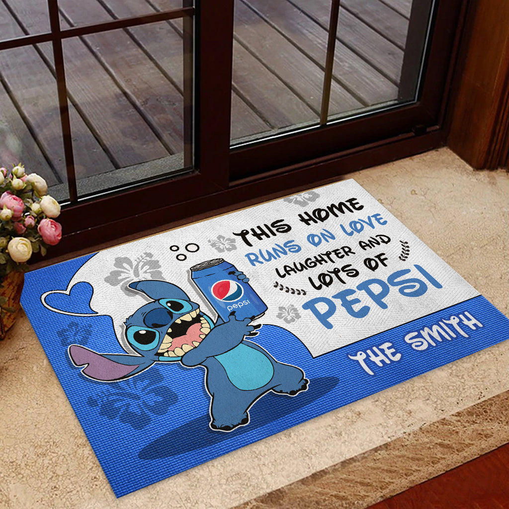 This Home Runs On Love - Personalized Blue Soft Drink Doormat