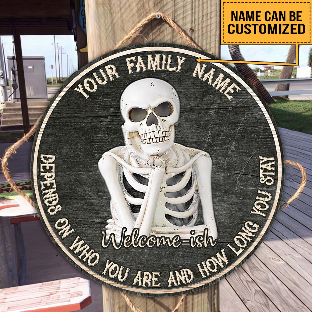 Welcome - Skull Personalized Round Wood Sign