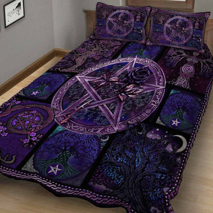 Ace Of Pentacles Purple Rose Pentagram Witch Quilt Set