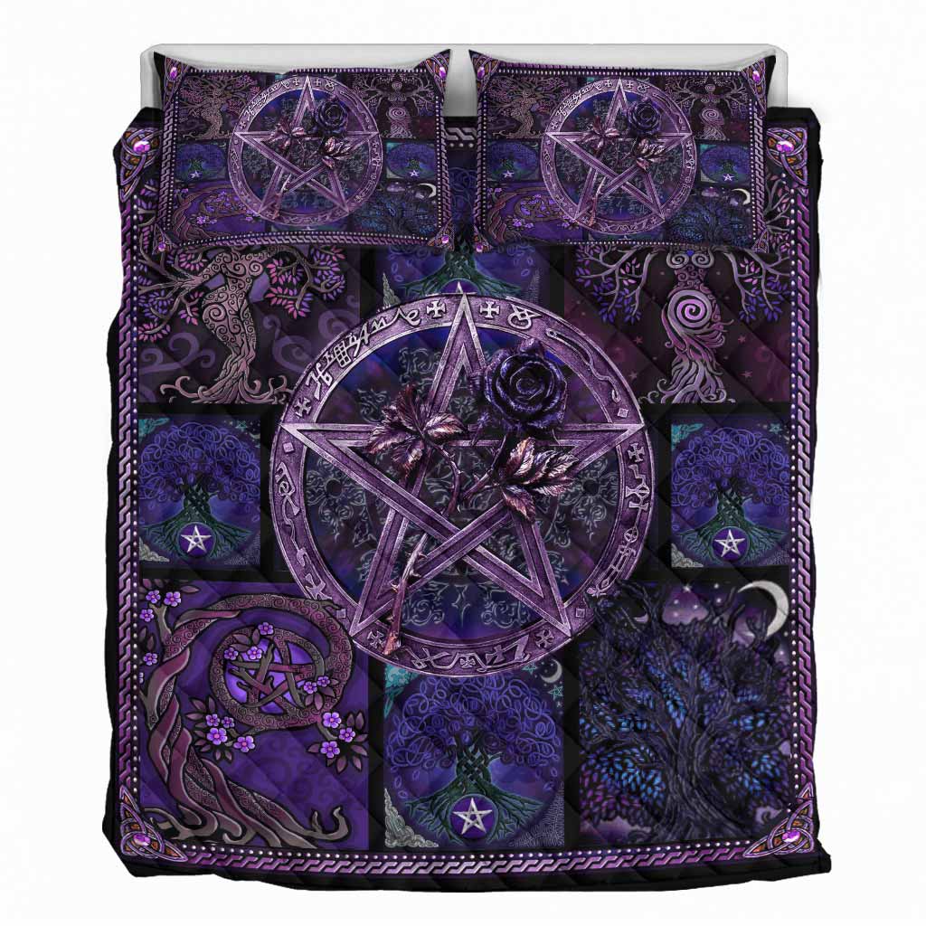 Ace Of Pentacles Purple Rose Pentagram Witch Quilt Set