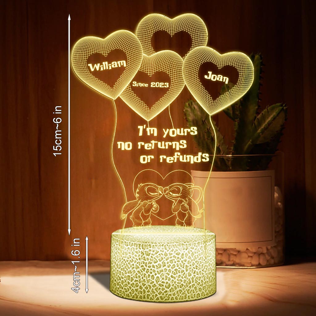 I’m Yours No Returns Or Refunds - Personalized Couple Ohana Shaped Plaque Light Base