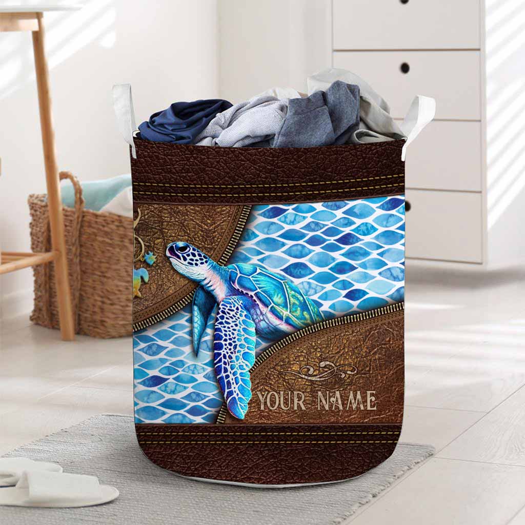 Salty Lil' Beach - Turtle Personalized Leather Pattern Print Laundry Basket