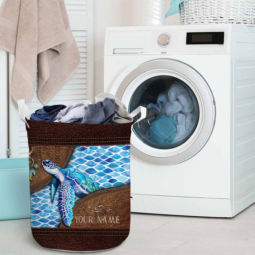 Salty Lil' Beach - Turtle Personalized Leather Pattern Print Laundry Basket