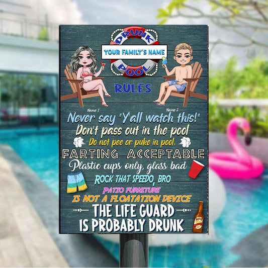 Drunk Pool Rules - Personalized Backyard Rectangle Metal Sign