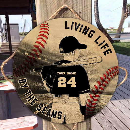 Living Life By The Seams - Baseball Personalized Round Wood Sign