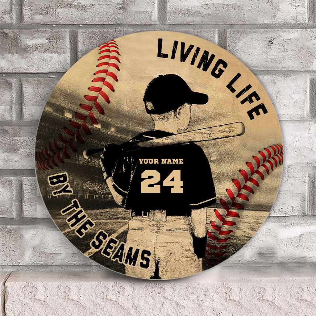 Living Life By The Seams - Baseball Personalized Round Wood Sign