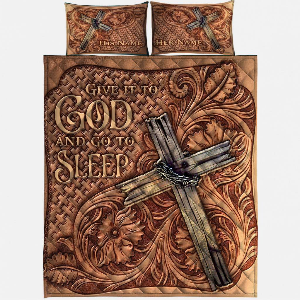 Give It To God -  Personalized Christian Quilt Set With Leather Pattern Print