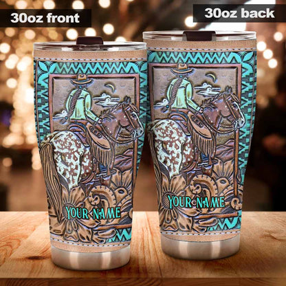 Love Horses - Personalized Tumbler With Leather Pattern Print