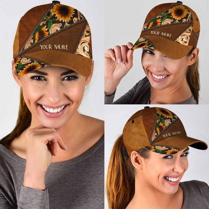 Horse Girl Sunflower Personalized Leather Pattern Print Classic Cap