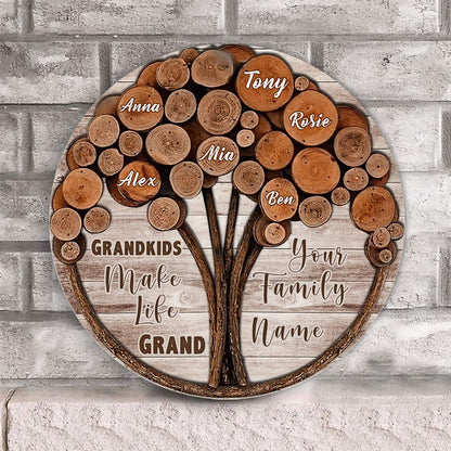 Grandkids Make Life Grand - Personalized Grandma Round Wood Sign