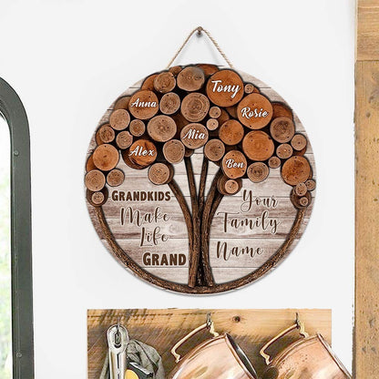 Grandkids Make Life Grand - Personalized Grandma Round Wood Sign