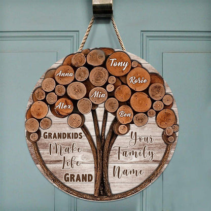 Grandkids Make Life Grand - Personalized Grandma Round Wood Sign