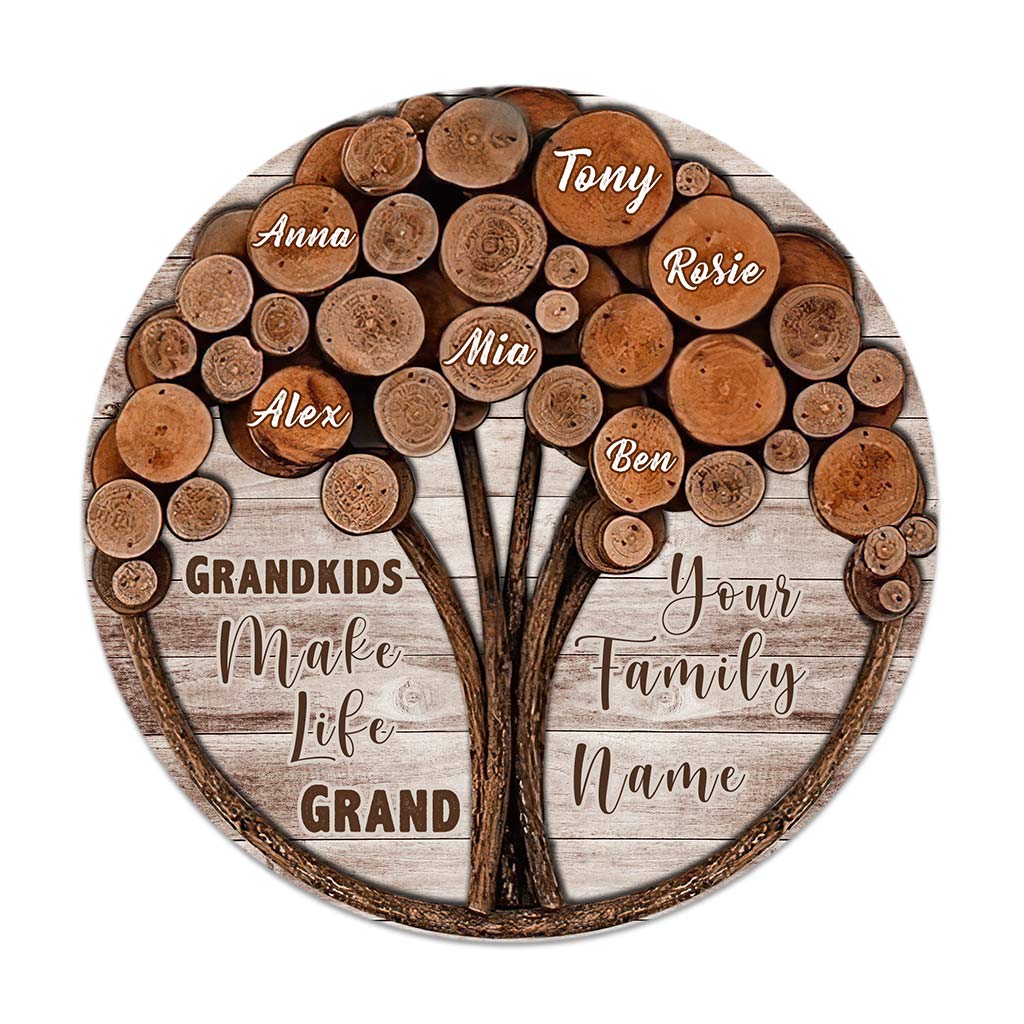 Grandkids Make Life Grand - Personalized Grandma Round Wood Sign