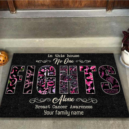 In This House No One Fights Alone - Breast Cancer Awareness Personalized Coir Pattern Print Doormat