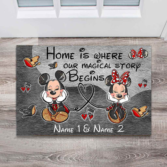 Home Is Where Our Magical Story Begins Mouse Ears Couple - Personalized Doormat