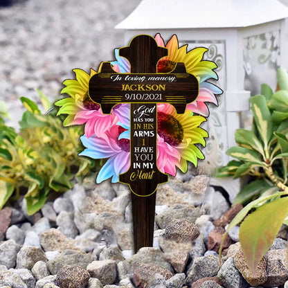 God Has You In His Arm Cross Flowers - Personalized Memorial Acrylic Plaque Stake (Printed On 1 Side)