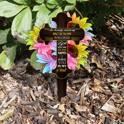 God Has You In His Arm Cross Flowers - Personalized Memorial Acrylic Plaque Stake (Printed On 1 Side)