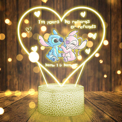 I'm Yours No Returns Or Refunds - Personalized Couple Ohana Shaped Plaque Light Base