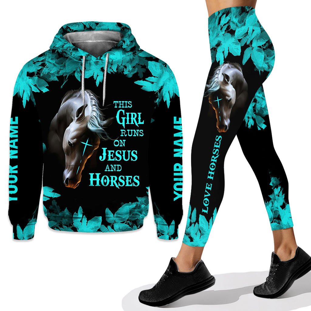 This Girl Runs On Jesus And Horses - Personalized Hoodie And Leggings