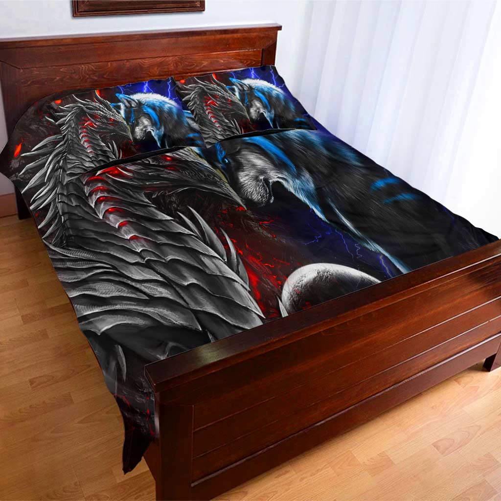 Red And Blue Dragon & Wolf - Bedding Set