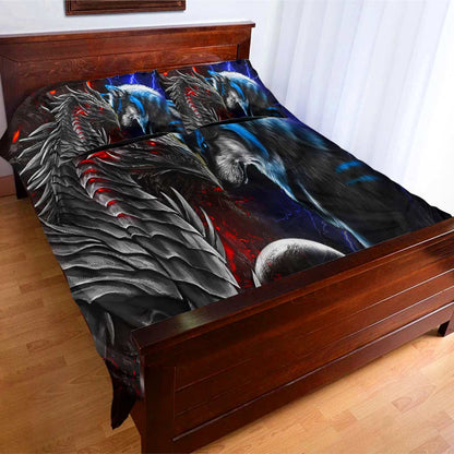 Red And Blue Dragon & Wolf - Bedding Set