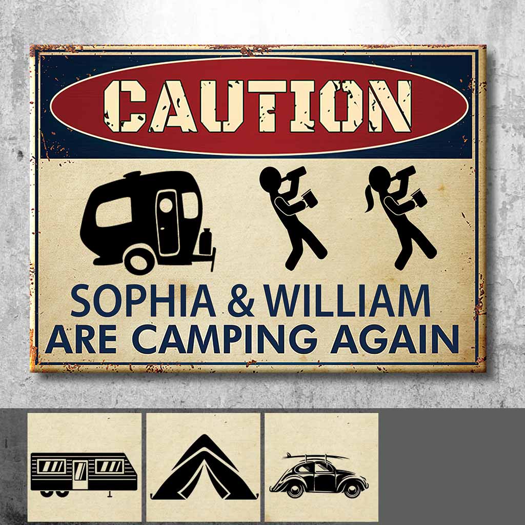 Caution Camping Again - Personalized Rectangle Metal Sign