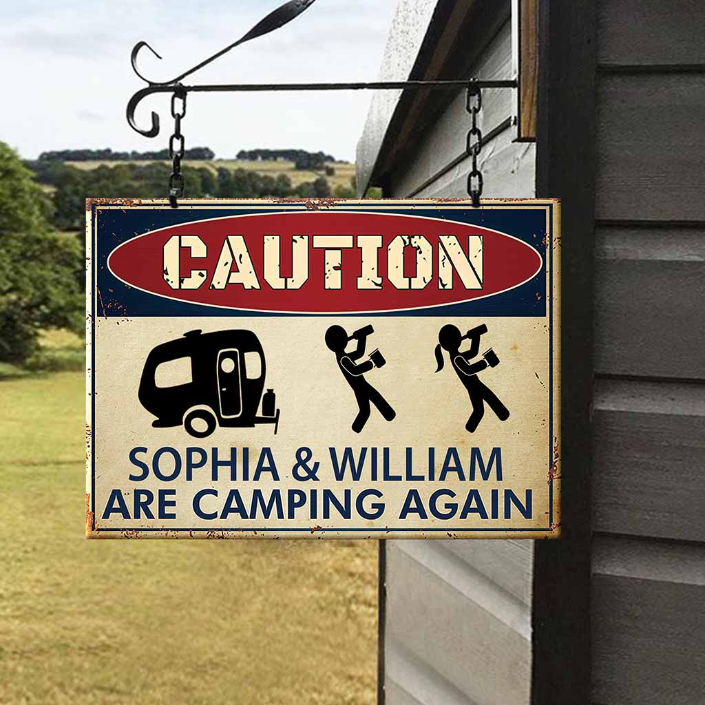 Caution Camping Again - Personalized Rectangle Metal Sign