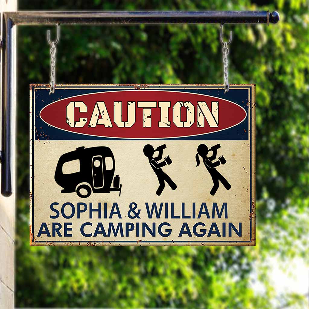 Caution Camping Again - Personalized Rectangle Metal Sign