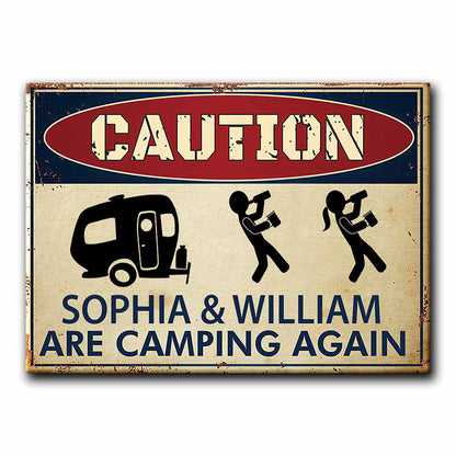 Caution Camping Again - Personalized Rectangle Metal Sign