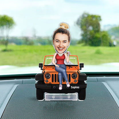 Cartoonized Photo Sitting On Car - Personalized Car Custom Shaking Head